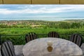 Restaurant over the Lake Balaton on the hill Dinner, lunch, romantic date, eating on nature. Csopak wine restaurant table with Royalty Free Stock Photo