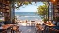 A restaurant overlooking the ocean with diners enjoying their meals.