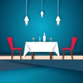 Restaurant - paper illustration. Wineglass, chair, table, candle, bottle icon.