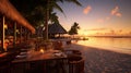 Restaurant on a paradise, exotic, sandy beach. Sunset