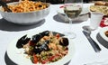 restaurant with pasta and paella rice with mussels Royalty Free Stock Photo