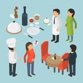 Restaurant people isometric. Cafe person event luxury lifestyle waiter food 3d vector pictures