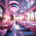 a restaurant with pink seats and futuristic interior, generative ai illustration