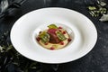 Restaurant Plate of Beef Cheeks in Cherry Glaze with Potato-Celery Cream and Sauce of Dried Berries Royalty Free Stock Photo