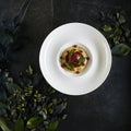 Restaurant Plate of Beef Cheeks in Cherry Glaze with Potato-Celery Cream and Sauce of Dried Berries Top View Royalty Free Stock Photo