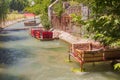 Restaurant platforms at water at Taq-e Bostan in Kermanshah, Ir Royalty Free Stock Photo