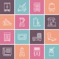 Restaurant professional equipment line icons. Kitchen tools, mixer, blender, fryer, food processor, refrigerator