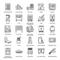 Restaurant professional equipment line icons. Kitchen tools, mixer, blender, fryer, food processor, refrigerator