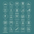 Restaurant professional equipment line icons. Kitchen tools, mixer, blender, fryer, food processor, refrigerator