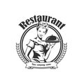 Restaurant retro emblem, woman waiter with a tray. Vector illustration