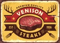 Restaurant retro sign with grilled venison steak
