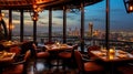 Restaurant room with view of the skyline of a city in background created using generative AI Royalty Free Stock Photo