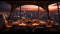 Restaurant room with view of the skyline of a city in background created using generative AI Royalty Free Stock Photo