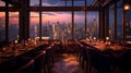 Restaurant room with view of the skyline of a city in background created using generative AI technology Royalty Free Stock Photo