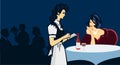 Restaurant scene. Lady sitting at a restaurant table with wine. Flat style vector image. Waitress near the table, she geting order