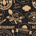 Restaurant seamless pattern or background. Vector Illustration. Fabric, textile, wallaper with plate, cloche with lid