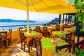 Restaurant seating with panoramic Caldera views Santorini island Greece