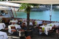 Restaurant on a ship on Lake Constance in the port of Constance City in Germany.