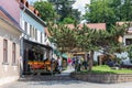 Restaurant and shopping people downtown medieval city Eger, Hungary