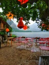 A restaurant on the shore of the Halstadt mountain lake Royalty Free Stock Photo