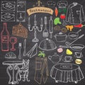 Restaurant sketch doodles set. Hand drawn elements food and drink, knife, fork, menu, chef uniform, wine bottle, waiter apron Draw