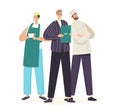 Restaurant Staff Characters in Uniform Posing. Chef in Toque and Apron, Administrator and Waiter Demonstrating Menu