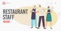 Restaurant Staff Landing Page Template. Characters Hospitality Team in Uniform. Barman with Drink, Waitress with Dish