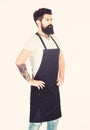 Restaurant staff. Waiter or bartender. Ready serve drink. Bearded hipster wear apron. Man cook brutal hipster. Serious Royalty Free Stock Photo