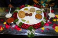 Picture of restaurant style vegetarian Indian complete food platter