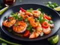 Seafood Juicy Shrimp With Rice And Vegetables On A Black Plate With Fresh Lemon