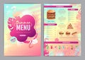 Restaurant summer tropical gradient menu design with fluorescent tropic leaves and flamingo. Fast food menu