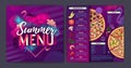 Restaurant summer tropical gradient pizza menu design with fluorescent tropic leaves and flamingo.