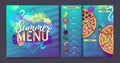 Restaurant summer tropical gradient pizza menu design with fluorescent tropic leaves and flamingo. Fast food menu