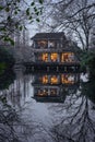 Restaurant after sunset at the shores of the West lake in Hangzhou Royalty Free Stock Photo