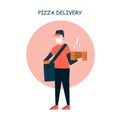 Restaurant or supermarket delivering pizza at doorstep in quarantine. Sitting home and Order online food at anytime. Man with mask