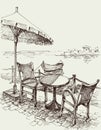 Restaurant table on sea shore sketch Royalty Free Stock Photo