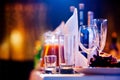 Restaurant table with glasses and napkins Royalty Free Stock Photo