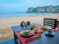 Restaurant table at Railay Beach Krabi Thailand, the tropical beach of Railay Krabi Royalty Free Stock Photo