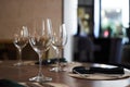 Restaurant table setting with Empty clean glasses. Banquet dining table