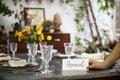 Restaurant table setting service with reserved card Royalty Free Stock Photo