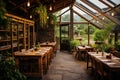 Restaurant With Tables, Chairs, and Glass Roof, Cozy Dining Space for All, An organic farm-to-table restaurant, ready for the Royalty Free Stock Photo