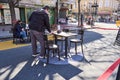 Restaurant tables placed on the street, during the coronavirus outbreak