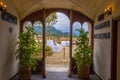 Restaurant tables in the yard of castle Brown in Portofino, Liguria, Italy