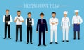 Restaurant team concept. Group of characters standing together: manager, chef, cook, two waiters and barman in uniform.