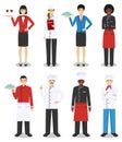 Restaurant team concept. Group of people characters: head chef, cooks, sommelier and waitress in different uniform and