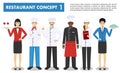 Restaurant team concept. Group of people characters: head chef, cooks, sommelier and waitress in different uniform and positions i