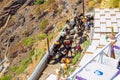 Donkeys path and cliffside terrace at Caldera wall Santorini Greece Royalty Free Stock Photo