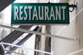 Restaurant text sign green on french building city street