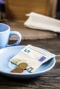 Restaurant tips in euro banknotes and coins