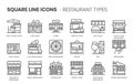 Restaurant types related, square line vector icon set